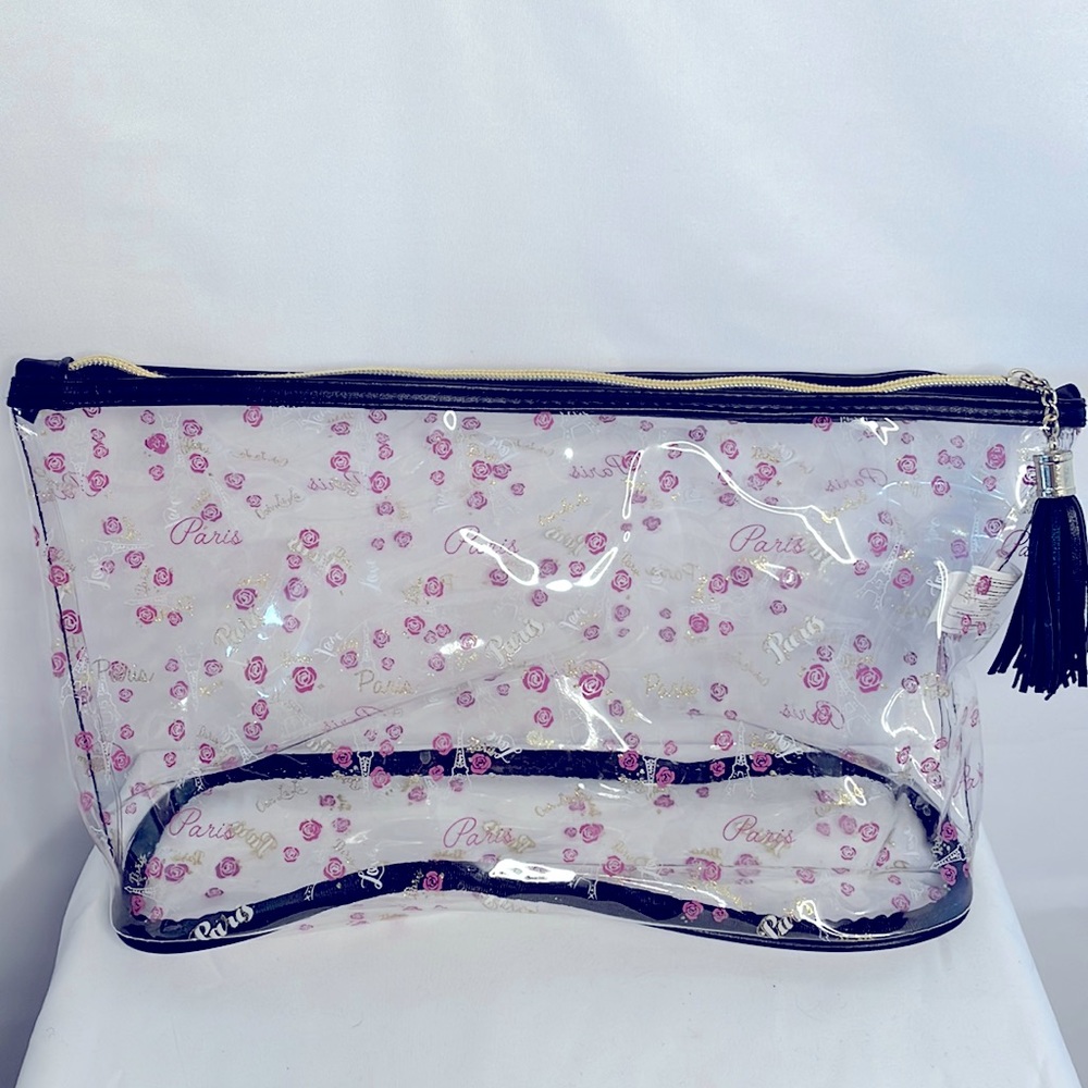 Clear cosmetic‎ makeup bag with pink roses and Eiffel Tower gold hardware tassel